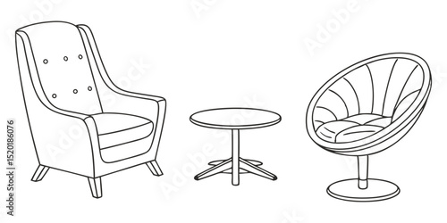 Modern furniture sketch: armchair, swivel lounge chair & round table line art
