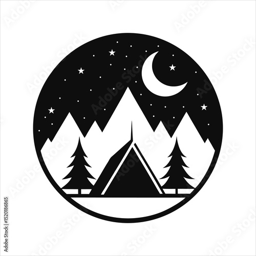  Camping Tent in Night Forest Silhouette Vector