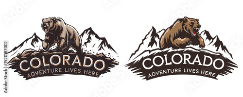 Colorado Adventure Lives Here Vintage Style Illustration with Bear and Mountains