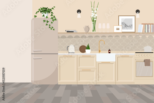Stylish interior design of a kitchen with retro appliances, shelves with decor and plants.