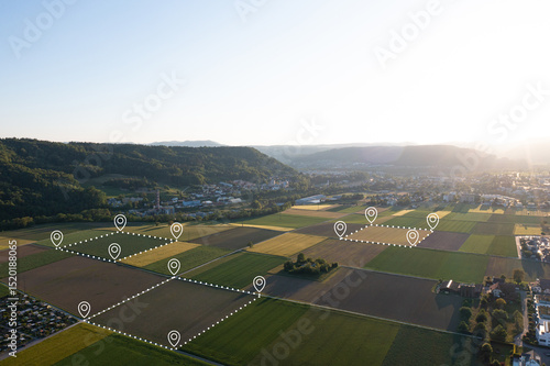 Land plot in aerial view. Gps registration survey of property, real estate for map with location, area. Concept for residential construction and development. Also home, house for sale, buy, purchase.