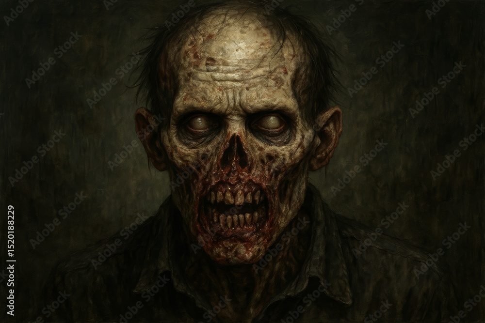 Terrifying zombie portrait with decayed flesh and empty eyes capturing dark horror aesthetic. concept of scary monster, supernatural creature, Halloween fright