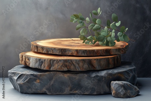 Artistic Rustic Kitchen Decor. Handcrafted Wooden Slices with Eucalyptus Leaves for a Modern and Eco-Friendly Table Setting
