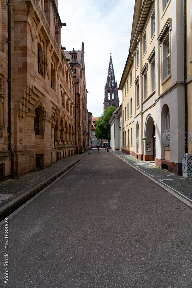 View to Freiburg Minster Spire from Historic Street View to Freiburg Minster Spire from Historic Street