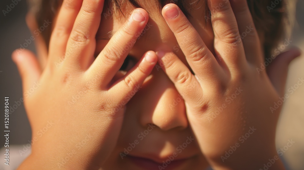 Fototapeta premium Excessive heat A child covers their face with hands, expressing shyness or playfulness in a close-up shot.