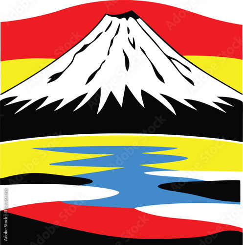 Stylized Mount Fuji Landscape with Bold Colors and Minimalist Design Elements.