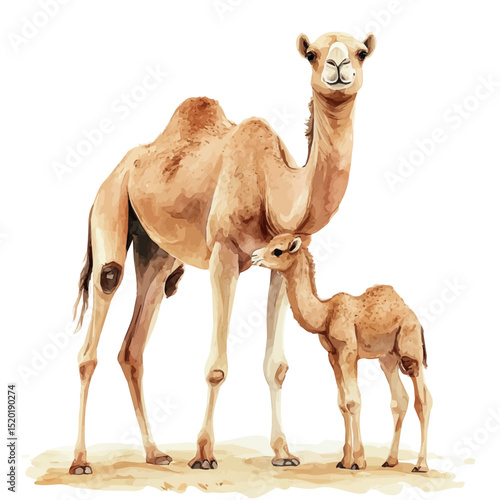 watercolor of A Mother Dromedary With Her Kid, vector high quality, isolated on a white background.