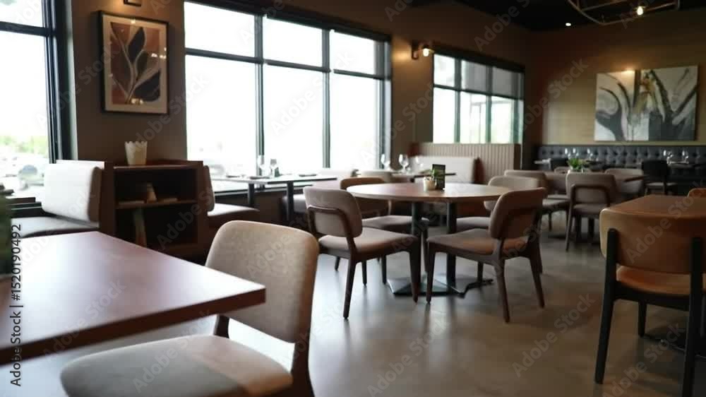 A view of a restaurant interior with tables and chairs set up for dining and large windows present A view of a restaurant interior with tables and chairs set up for dining and large windows present