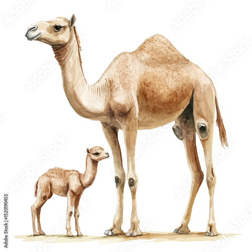 A Mother Dromedary With Her Kid, watercolor painting vector, high quality, isolated on a white background.