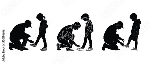 Father Kneeling to Tie Child’s Shoelaces Set– Flat Minimal Vector Symbolizing Love and Support on Father’s Day