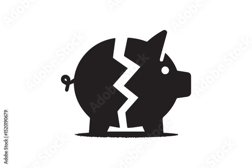 A broken piggy bank    silhouette with a simple, understated design set against a white background. 