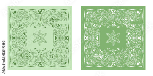 Set of western bandanas with paisley pattern. Floral design for scarves, fabric, and textile backgrounds. Retro bandana prints in green tones, featuring ethnic ornaments and abstract swirls.