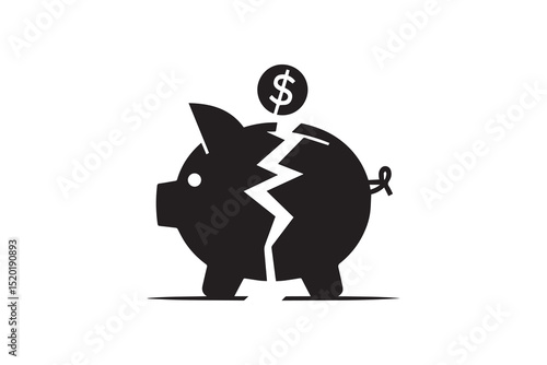 A broken piggy bank    silhouette with a simple, understated design set against a white background. 
