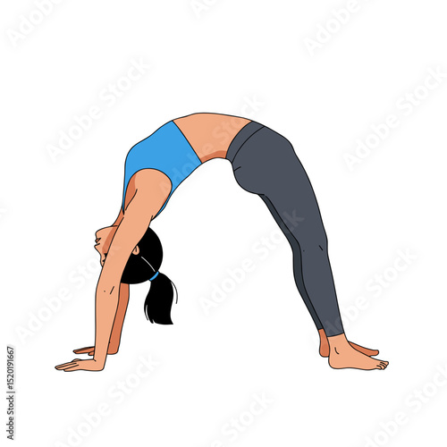 Stylized flat illustration of a young person in bridge pose (Setu Bandhasana)