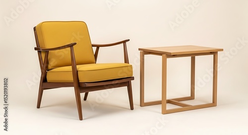 Mid-Century Modern Armchair And Side Table Set Against A Soft Beige Background Studio Shot