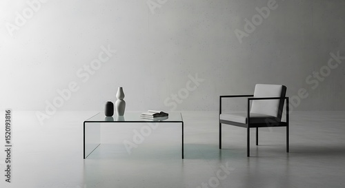 Minimalist interior with glass table chair and decorative objects against a textured white wall simple modern design.