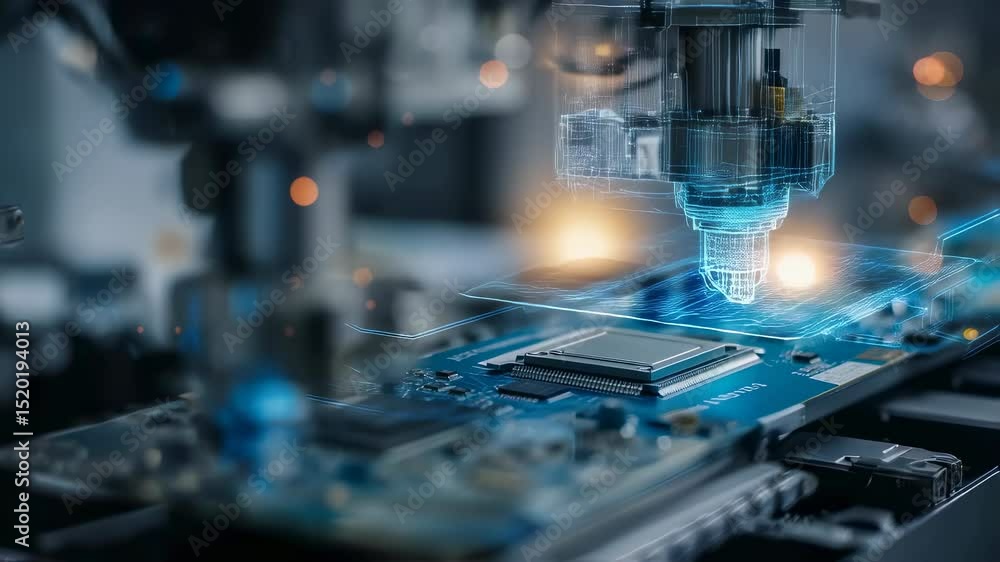 Precision robotic arm positioning microchip on circuit board within modern electronics factory, featuring augmented reality interface tracking manufacturing process Precision robotic arm positioning microchip on circuit board within modern electronics factory, featuring augmented reality interface tracking manufacturing process