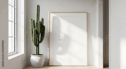 Interior scene featuring a large cactus in a white pot next to a blank picture frame, natural light from a window illuminates the scene.