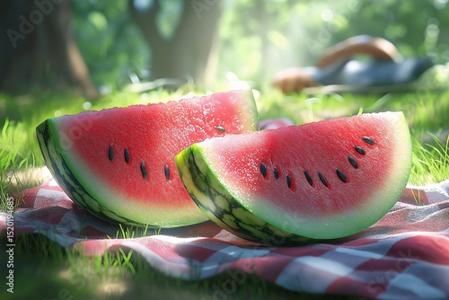 Refreshing Summer Picnic. Vibrant Slices of Juicy Watermelon in Nature's Green Surroundings