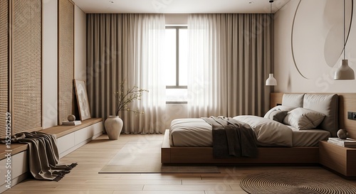 Modern Bedroom Interior with Neutral Colors and Natural Light Creating a Peaceful and Relaxing Atmosphere