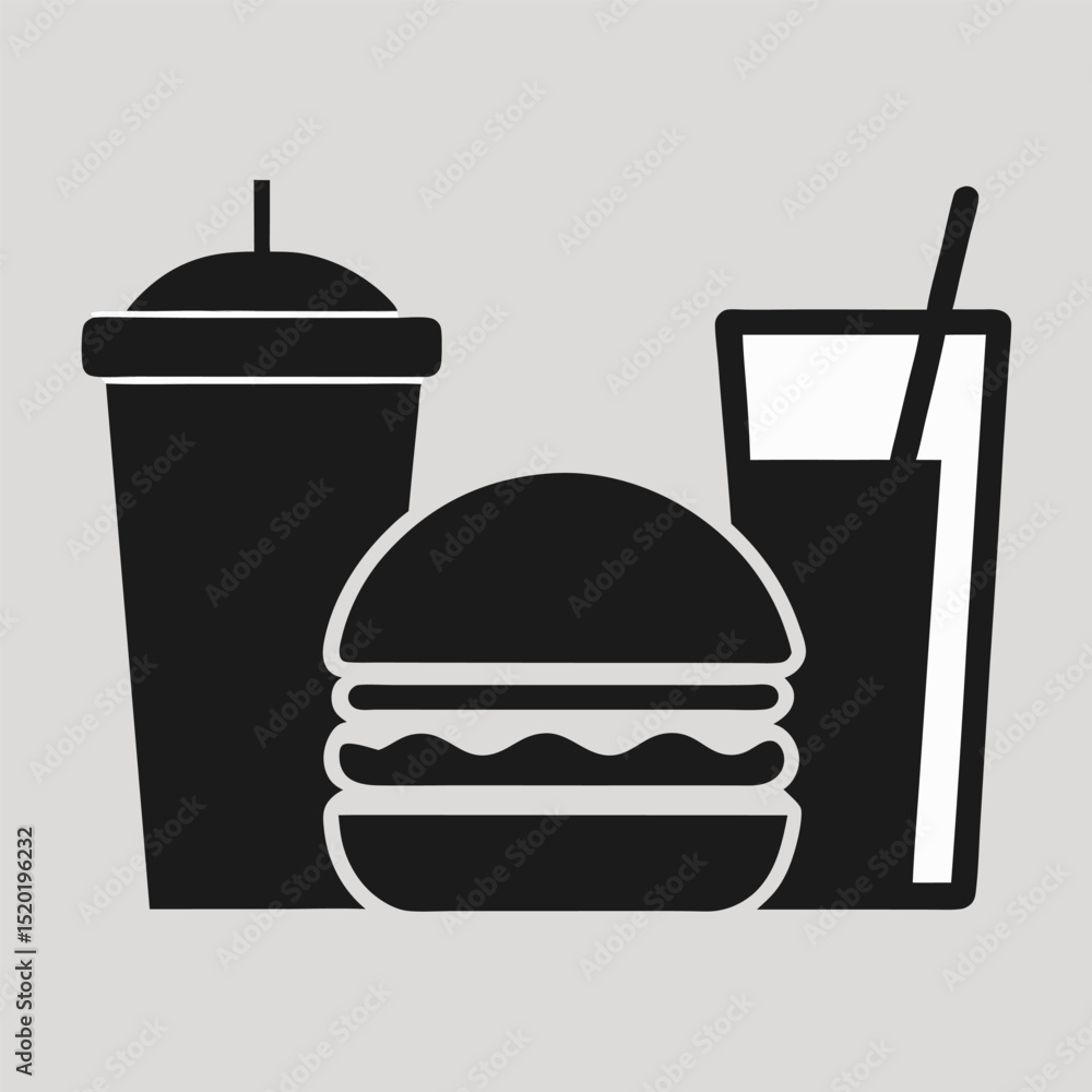 Silhouette Illustration of a Glass Cup with a Drink and a Hamburger Ideal for Food and Beverage Related Designs Silhouette Illustration of a Glass Cup with a Drink and a Hamburger Ideal for Food and Beverage Related Designs