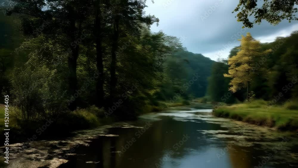 Calm river flows through a lush green forest with trees reflected on the water surface under an overcast sky, creating a serene landscape. Calm river flows through a lush green forest with trees reflected on the water surface under an overcast sky, creating a serene landscape.