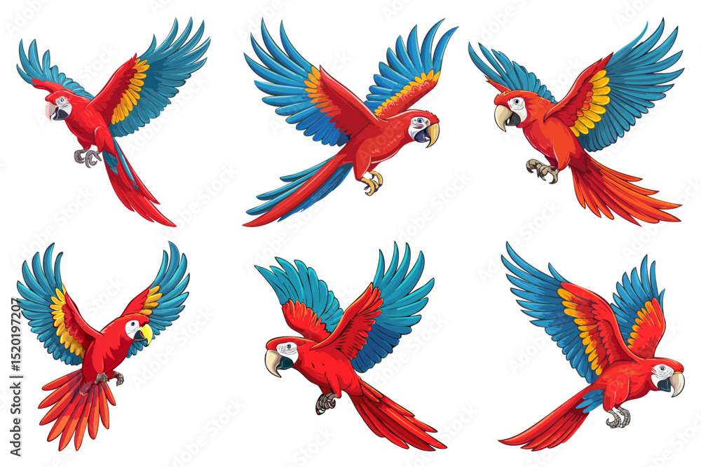 Fototapeta premium A cartoon Macaw with its wings spread out, Scarlet macaw flying, cartoon bird of tropical jungle. Big yellow, red and blue parrot, flight of cartoon scarlet macaw, set