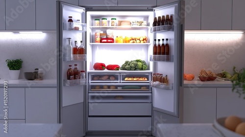 A modern, minimalist French door refrigerator filled with fresh food and beverages. AI generated image