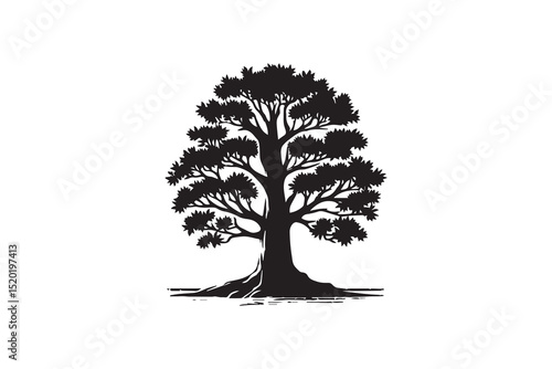 A logwood tree stamp silhouette with a simple, understated design set against a white background