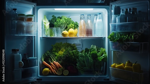 A clean and organized refrigerator full of fresh food and drinks. AI generated image