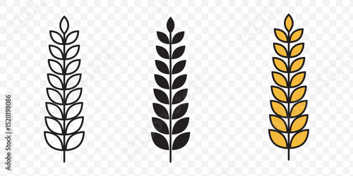 Wheat icon set. Collection of black wheat ear silhouettes, ideal for agriculture logos, organic product labels, and rural themed designs. Vector illustration. EPS 10.