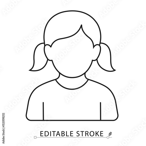 Girl icon in minimal black outline style with pigtails on white background. Editable stroke vector for child profile, user avatar, character, family or kids topics. Girl icon.
