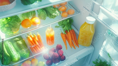 A clean and organized refrigerator full of fresh food and drinks. AI generated image