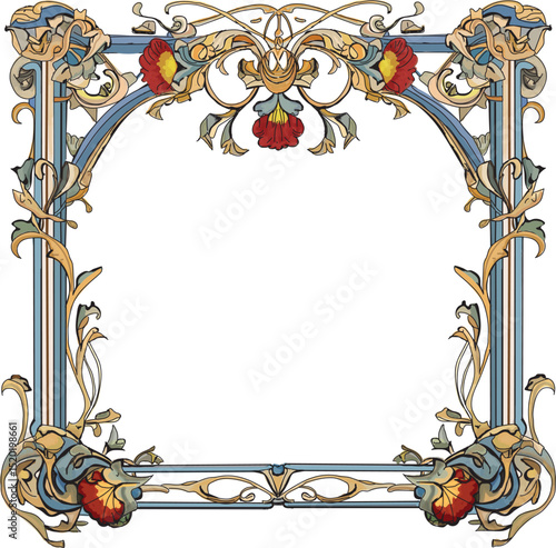 Red and yellow hibiscuss floral frame, border with blue and gold baroque vine elements, invitation frame 
