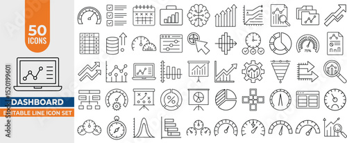 50 Dashboard and Analytics Line Icons set – Editable Stroke Vector illustration with Graphs, Statistics, Speedometer, Productivity Elements and more