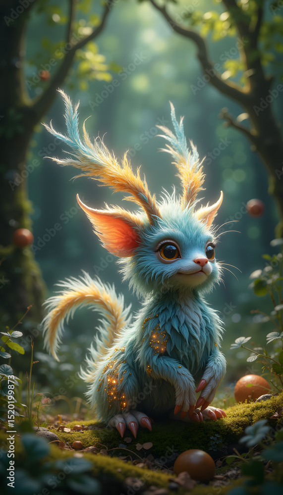 Fototapeta premium Whimsical Forest Creature with Antlers and Glowing Details in a Lush Environment created by Generative AI.