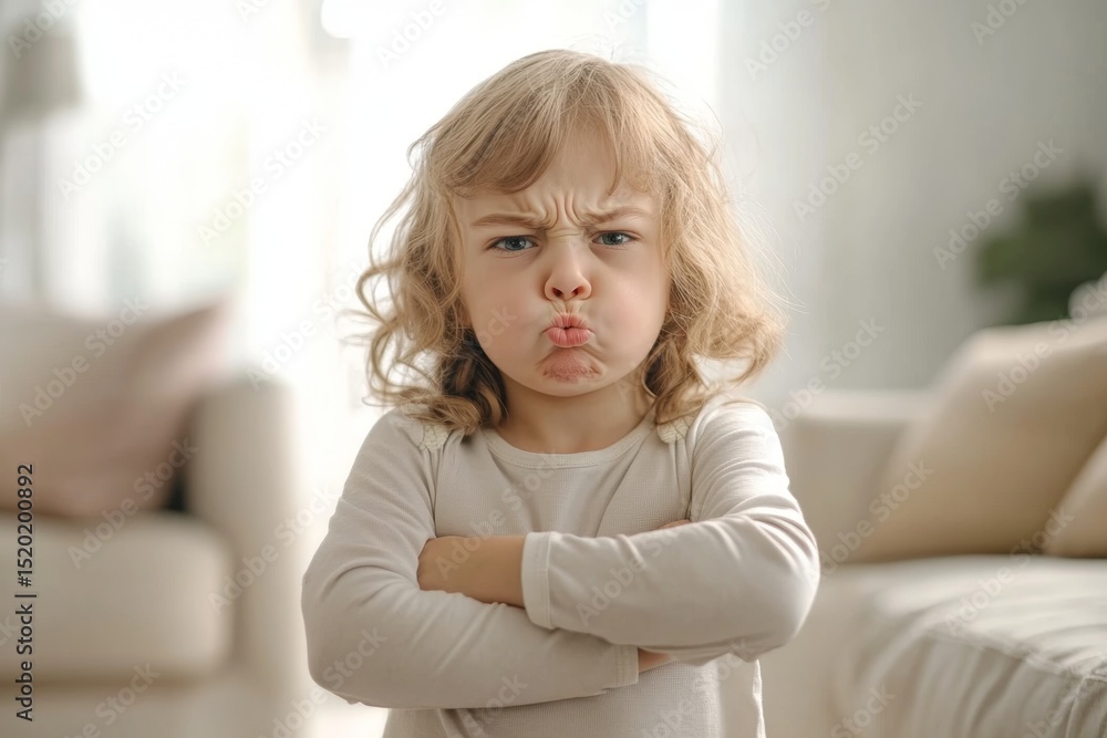 A young child pouts with crossed arms, clearly showing frustration in a vibrant living room. The bright space is filled with soft furnishings, emphasizing the mood A young child pouts with crossed arms, clearly showing frustration in a vibrant living room. The bright space is filled with soft furnishings, emphasizing the mood