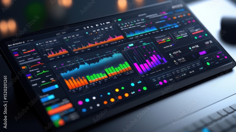 Modern Dashboard Interface with Colorful Data Visualizations and Graphs Modern Dashboard Interface with Colorful Data Visualizations and Graphs
