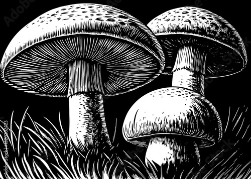 A black and white sketch vector of different types of mushrooms in botanical ink drawing style