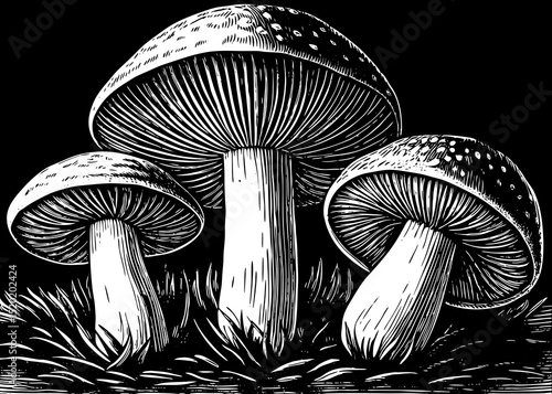 A black and white sketch vector of different types of mushrooms in botanical ink drawing style