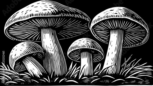 A black and white sketch vector of different types of mushrooms in botanical ink drawing style