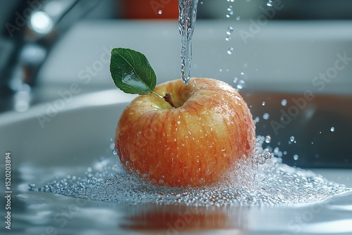 Fresh Red Apple with Water Droplets. Vibrant Organic Fruit in a Kitchen Sink Splash for Healthy Nutrition