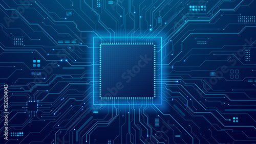 Blue AI chip on a circuit board concept. Technology background. Digital semiconductor with neon frame and thin line wires. Artificial Intelligence processor on tech bg. Futuristic vector illustration