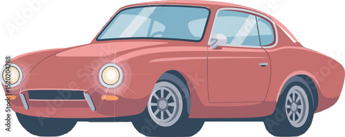 Cartoon shows a red vintage car with headlights gleaming on transparent background