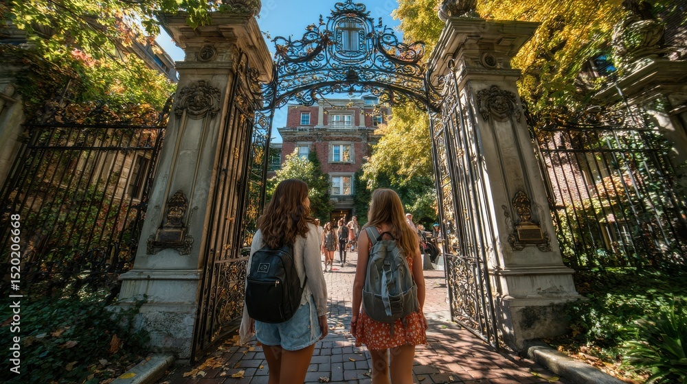 Obraz premium Wide shot from low angle of two female college students entering gate