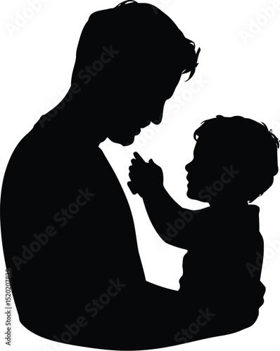 A silhouette of a father holding his child with the child pointing upwards