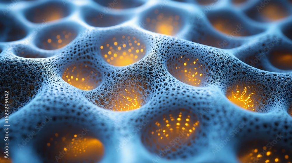 Abstract macro shot of a textured surface with glowing nodes, showcasing intricate details in blue and orange tones, perfect for technology and science themes. Abstract macro shot of a textured surface with glowing nodes, showcasing intricate details in blue and orange tones, perfect for technology and science themes.