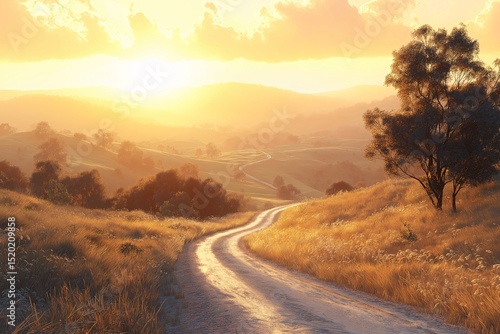 A Scenic Road Adventure at Sunset. Explore Tranquil Rural Landscapes and Breathtaking Nature Views
