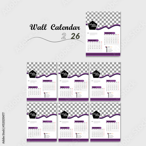 simple and creative modern 2026 colorful wall calendar design with place for photo and company logo. set of 12 months 