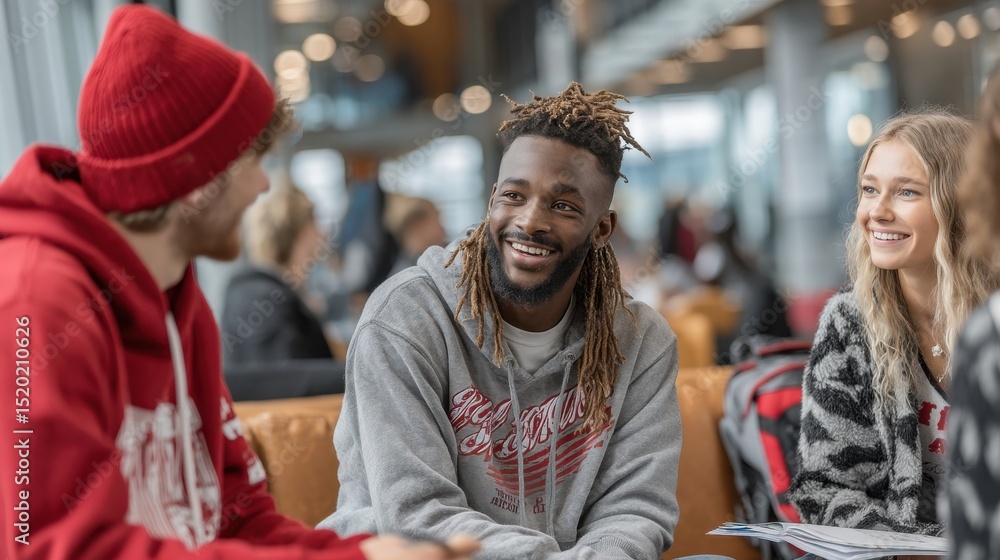 Fototapeta premium Students discussing school topics inside academic building, diverse group 